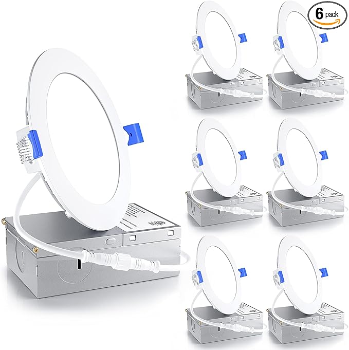 Ensenior 6 Pack 4 Inch LED Recessed Light, Dimmable, 5000K Daylight, 750LM High Brightness, 9W 120V, Damp Rated, Ultra-Thin Canless Wafer Ceiling Light - ETL & FCC & IC