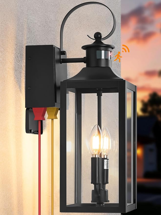 20" Black Motion Sensor Outdoor Lights with GFCI Outlet, Dusk to Dawn Exterior Lighting Fixtures, Porch Lights with GFCI Outlet Built-in, Waterproof Outdoor Wall Sconce for House Front Door Patio