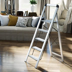 KINGRACK Aluminium 5 Step Ladder, Lightweight Step Stool with Non-Skid Pedals, Handrail, Foldable Step Ladder for Kitchen, Garage, Home, Space Saving, Sturdy and Portable, Silver