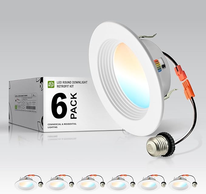 ASD 4 Inch Retrofit LED Recessed Lighting | Metal Trim White 10W 849LM 120V 2700K-5000K Adjustable Ceiling Downlights | Triac Dimmable Wet Rated Room Can Lights, ETL Energy Star, 6 Pack
