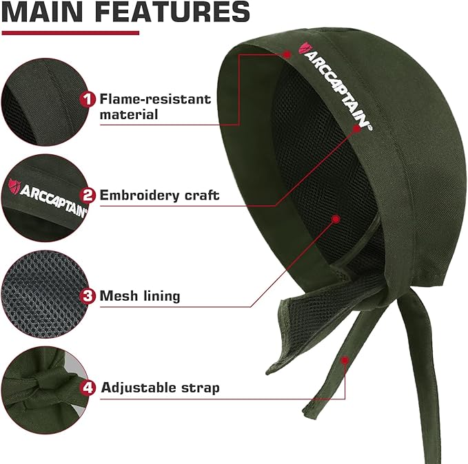 ARCCAPTAIN 2PC Welding Doo Rag, Welding Cap, Protective Welders Cap, Welding Hats for Men, Fireproof Cotton and Durable for Safety, Olive-green, M Size