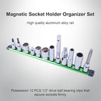 Magnetic Socket Holder Organizer Set:1/2-Inch Drive Socket Trays Socket, 360° Swivel 12 Clips Socket Holder Kit, For Automotive Mechanic Garage (Green)
