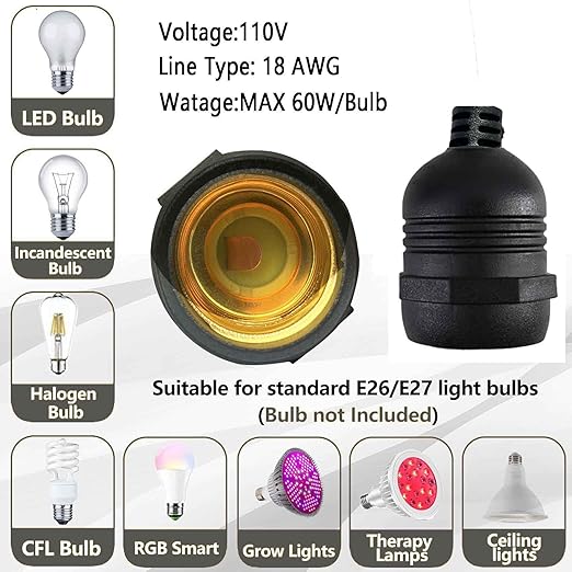 10 Feet Waterproof Wire Electric Light Socket, 1 Pack Outdoor Black Plug in Pendant Light, E26 E27 Socket for Vintage DIY Extension Cable Hanging Lamp