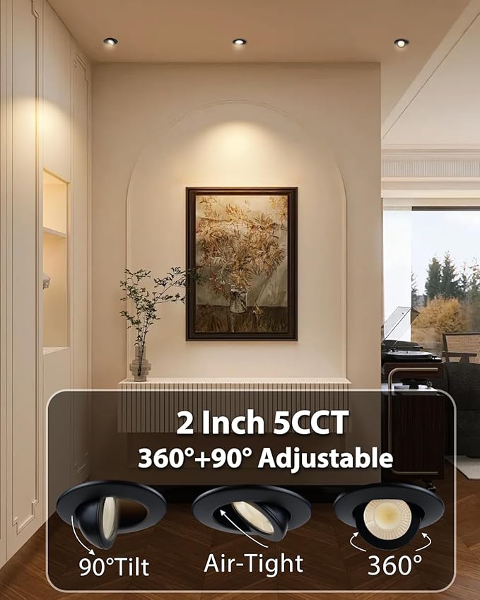 Adetu 2 Inch 5CCT Gimbal Black Led Recessed Lighting with Junction Box, 360°+90° Adjustable Led Recessed Lights, 2700K/3000K/3500K/4000K/5000K, 5W Eqv 50W, 550LM Brightness - ETL (Black, 6 Pack)