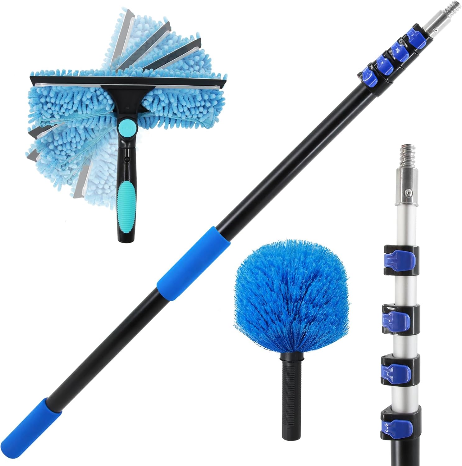 23FT High Reach Window Squeegee & Cobweb Duster with Extension Pole, 2 in 1 Squeegee for Window Cleaning with Lightweight 4-16.5 ft Telescoping Pole, Spider Web Brush with Pole for Outdoor Indoor Car