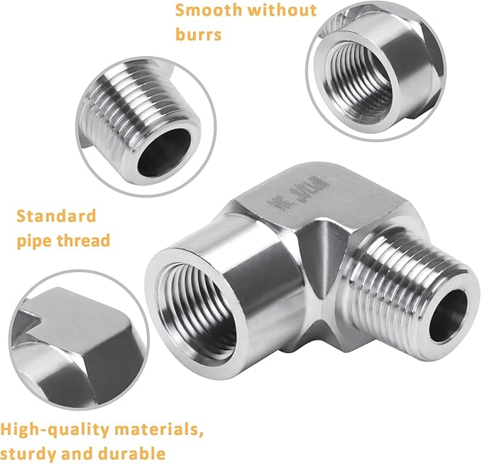 90 Degree Street Elbow - 3/8" NPT Male to 3/8" NPT Female Stainless Steel 304 Heavy Duty Forged Barstock Street Elbow Adapter Pipe Fitting (pack of 2)