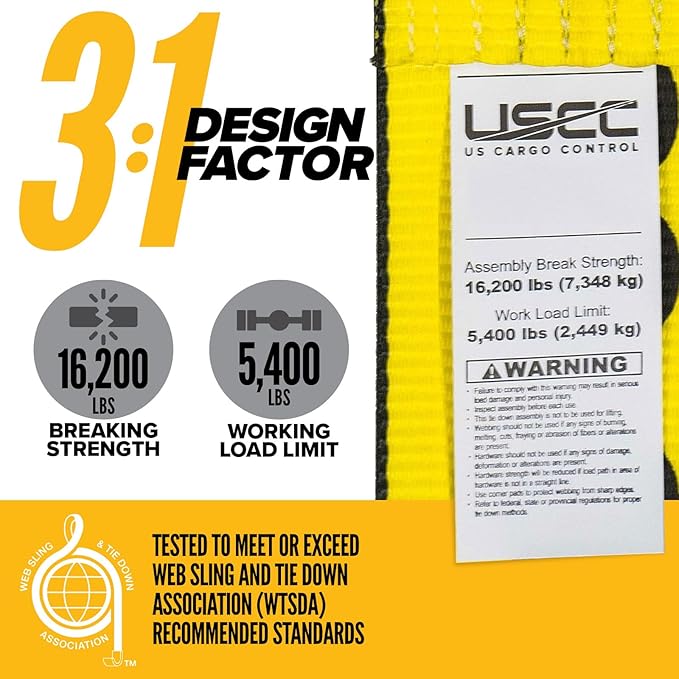 US Cargo Control 4" x 30' Winch Straps with D-Rings (2-Pack), 5,400 LBS Working Load Limit, Heavy Duty Flatbed Tie Downs, Yellow 4 Inch Straps for Flatbed Trailers, Trucks, and Cargo Securement