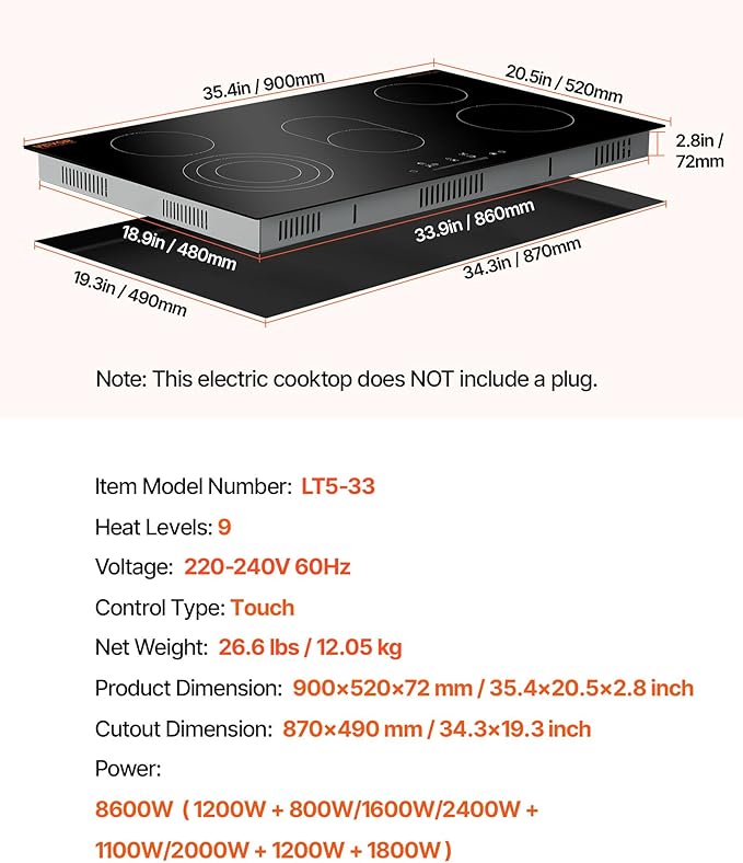 VEVOR Electric Cooktop, 36 inch 5 Burners Built-in Electric Stove Top, 8600W Ceramic Top Radiant Cooktop with Glass Panel, Touch Control, Timer, Child Lock, 9 Heat Level, 220-240V, Hard Wire (No Plug)