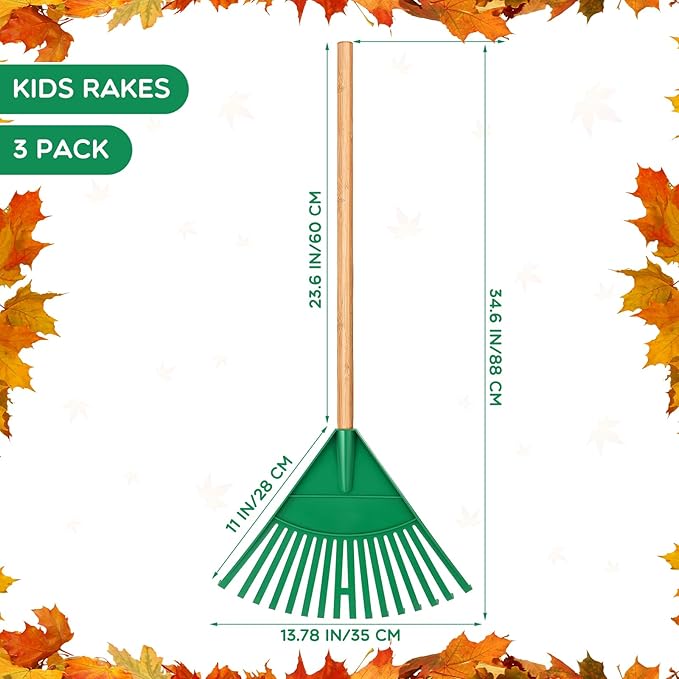 Macarrie Pack of 3 Kids Rakes with Hardwood Handle Lawn Garden Rake for Kids Gifts to Sweep Fall Leaves in Lawn and Tidying up The Garden Made of Wood and Plastic, 34.6 Inch (Green)