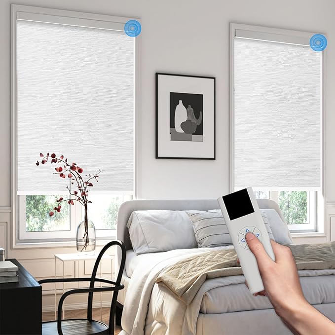 Motorized Blinds with Remote Cordless Automatic Motorized Shades Custom Blinds for Windows Smart Curtains Compatible with Alexa Google Home(Blackout Jacquard White,W37 x H72in)