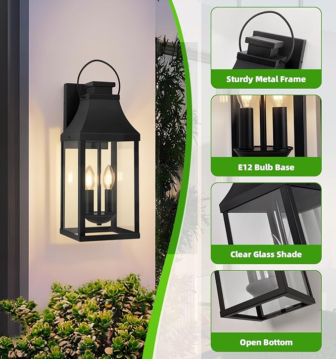 tewei 2-Pack Outdoor Wall Lights, 20'' Porch Light Outdoor Wall Sconce Lantern, Modern Black Exterior Lighting Fixture Wall Mount, Outside Light for House Garage
