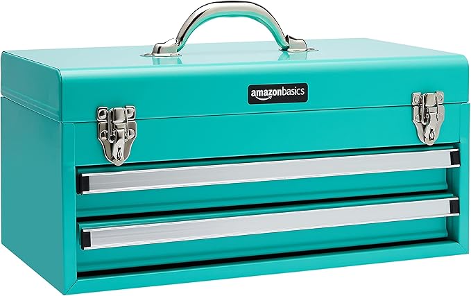 Amazon Basics Steel Tool Box Storage and Organization Drawers, 18.11 x 8.66 x 9.45 in, Turquoise Powder Coated Finish