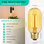 AMDTU LED Edison Bulbs 40 watt Dimmable, Straight Filament Vintage 4W E26 Bulb 40W Equivalent, Warm Yellow 2200K E26 Edison Bulb,T45 Amber Glass Tubular Light Bulbs, AC120V, 400LM, UL Listed, 4 Pack