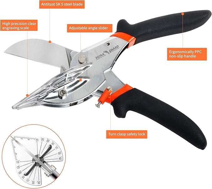 FLORA GUARD Miter Shears, Trimming Scissors for Angular Cutting of Molding, Adjustable at 45 to 135 Degrees, Hand Tool for Baseboard, PVC, DIY, Carpentry, and Crafts, with 2 Replacement Blades