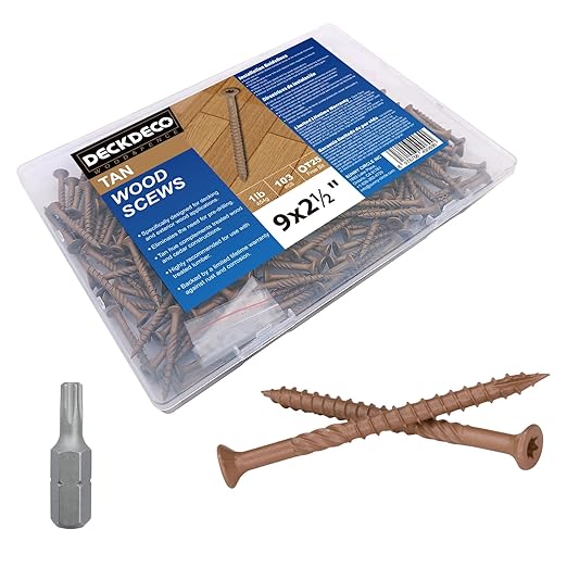Wood Screws #9 x 2-1/2" 92pcs(Approx), Tan Ruspert Coating Exterior Deck Screws, Torx/Star Drive Flat Head,Twist Shank, Cut Tip/Thread, Bit Included, 1 lb/Box