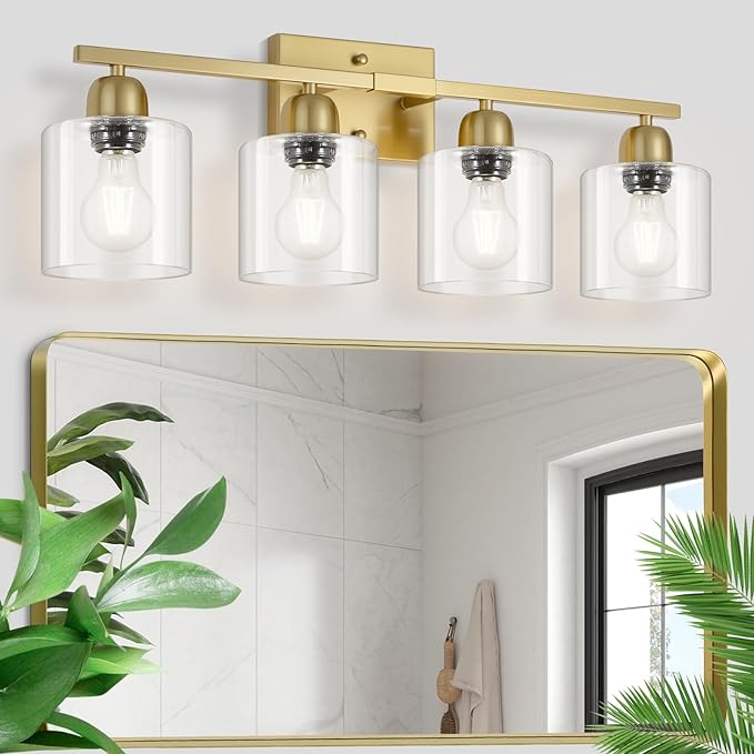Modern Brushed Gold 4 Light Bathroom Light Fixtures, 24 inch Vanity Lights for Bathroom with Clear Glass for Mirror Kitchen Living Room Hallway Cabinet Porch