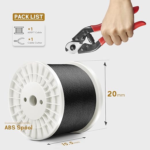 600FT 1/8" T316 Black Stainless Steel Cable, Black Wire Rope Aircraft Cable for Deck Cable Railing Kit, DIY Balustrades, 7x7 Strands Construction, Comes with a Cutter