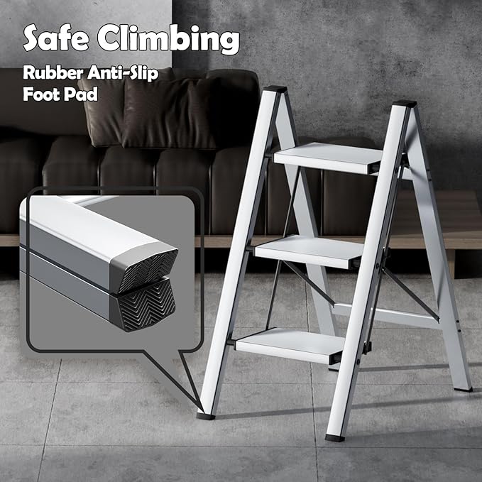 Taranta 3 Step Ladder,Aluminum Lightweight Folding 3 Step Stool with Anti-Slip Wide Pedal,330lbs Capacity Step Ladder for Household,Kitchen,Office - Silver