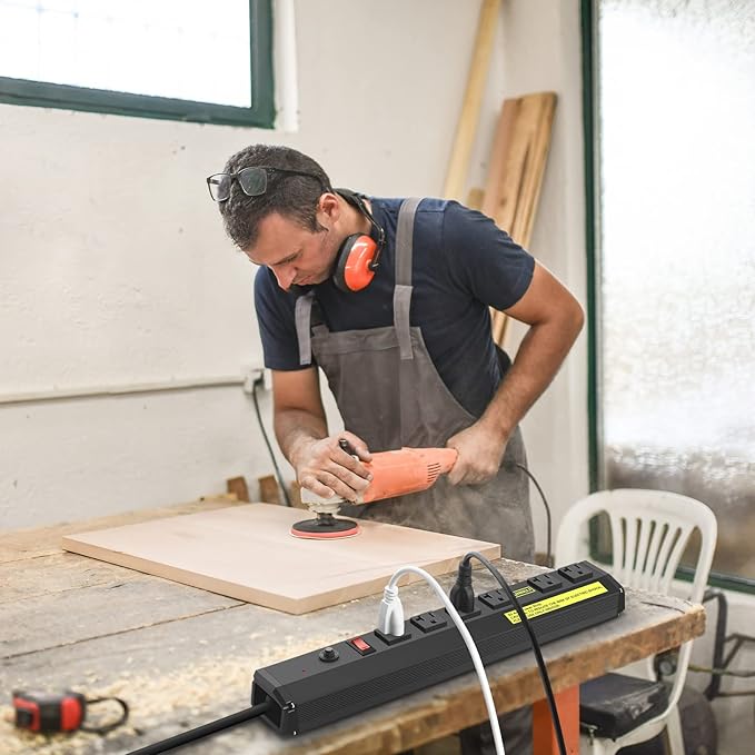 JUNNUJ 20 Amp Power Strip Heavy Duty 2 Pack,Heavy Duty 20 Amp Surge Protector 4800J, Garage Metal 6 Outlets 12 Gauge Extension Cord 10ft