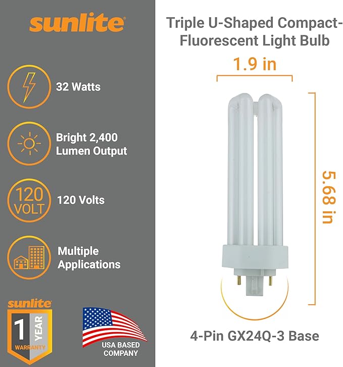 Sunlite CFL Plug-in PLT 4-Pin Triple Tube Light, 32 Watts, 4-Pin GX24q3 Base, 2400 Lumens, 3500K Neutral White, 10 Pack