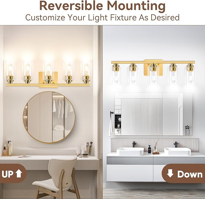5-Light Gold Bathroom Light Fixtures, 31" Modern Vanity Lights Over Mirror with Clear Glass Shades,Brushed Gold Wall Light Fixture for Bathroom Mirror Bedroom Porch, Hardwired Wall Sconces