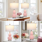22" Double Gourd Ceramic Table Lamps Set of 2, Pink Modern Bedside Lamps for Living Room, Contemporary Nightstand Desk Lamps for Bedroom End Table Home Office Decor(2 LED Bulbs Included)