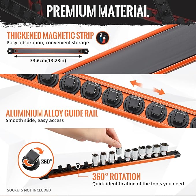 Magnetic Socket Organizer, 1-Piece Heavty Duty Aluminum Socket Holder, Socket Rail for Tool Box, Premium Quality 360° Swivel Socket Rack with 12 Clips for 1/2-Inch(Orange)
