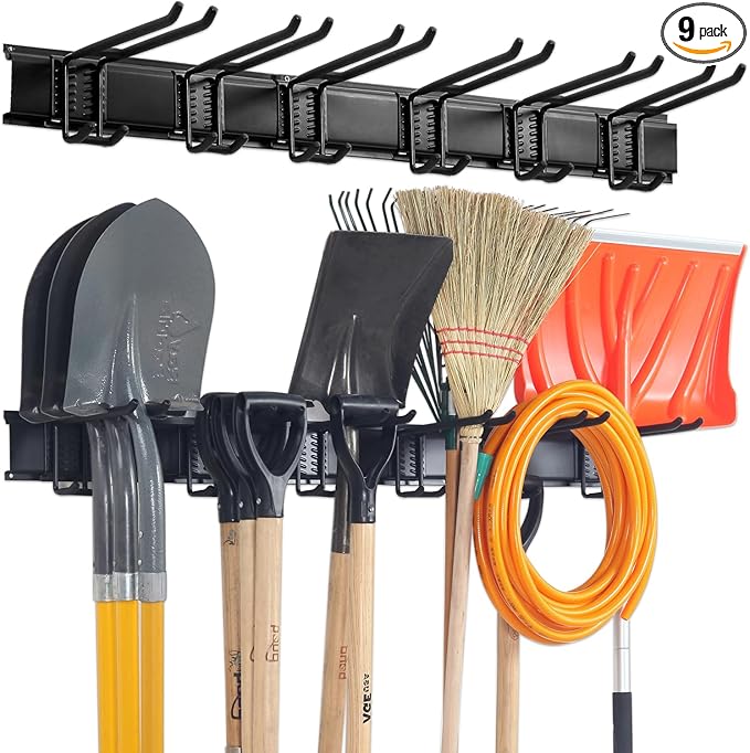 Wall Mount Tool Storage Rack, Garage Organization, Heavy Duty Garage Storage Tool Organizer, Garden Tool Wall Hooks and Hangers, Hold Up to 350lbs Black
