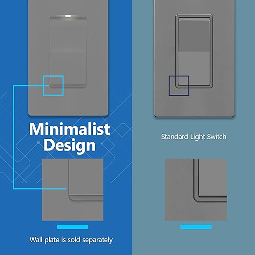 LIDER Minimalist Design Matte Finish Lighted Decorator Switch, Frameless Paddle Light Switch with Locator Light, Grounding Screw, 3-Way or Single Pole, 15A 120V, UL Listed, LS15-3W-GY5P, Gray, 5 Pack
