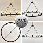 40” Farmhouse Wagon Wheel Chandelier,Black Rustic Chandelier 12-Lights Round Dining Room Light with Adjustable Height,Industrial Ceiling Light Fixtures for Kitchen,Foyer,Porch,Living Room