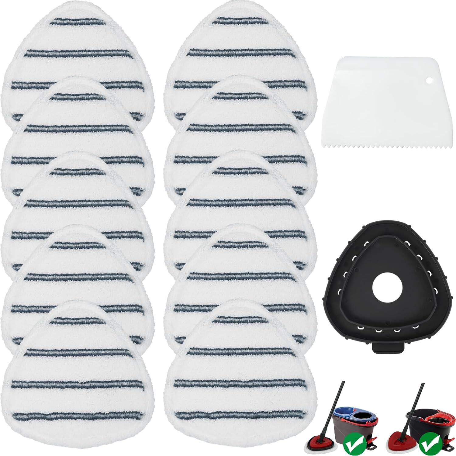 Triangule Flat Mop Replacement Pads, Spin Mop Pad Replacement, 10 Pack Mop Refill Pads, 1 Mop Base and 1 Scraper for Cleaning Floor, Wall, Ceiling, Easy to Replace