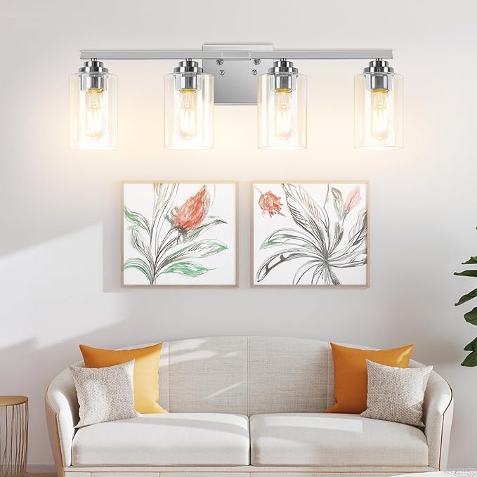 4-Light Bathroom Light Fixtures, 27" Modern Vanity Lights Over Mirror with Clear Glass Shades, Brushed Nickel Wall Sconce, Classic Wall Light Fixture for Mirror Living Room Cabinet Bedroom Porch