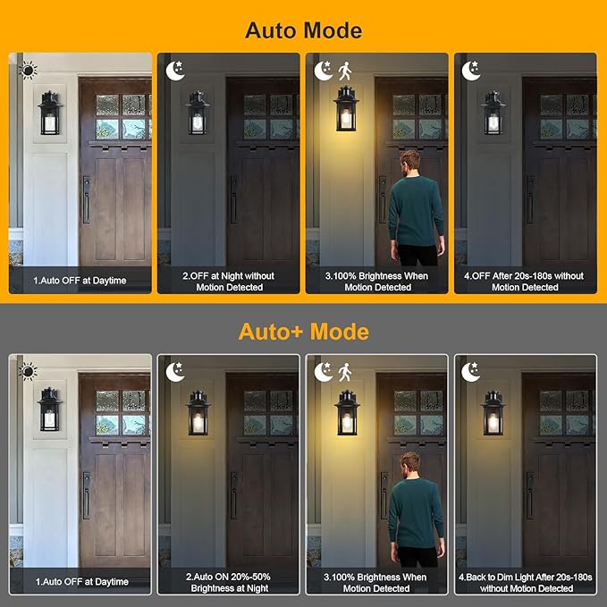 Motion Sensor Outdoor Wall Light, 3 Adjustable Lighting Modes Porch Lights, Dusk to Dawn Black Exterior Light Fixtures, Waterproof Outside Wall Lantern Sconce for House, Garage, Bulb Included