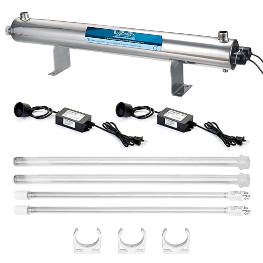 Bluonics 110W UV Water Ultraviolet 24GPM Plus Sediment and Carbon Well Water Purifier System Size 4.5" X 20" Filters for Large Home and Commercial