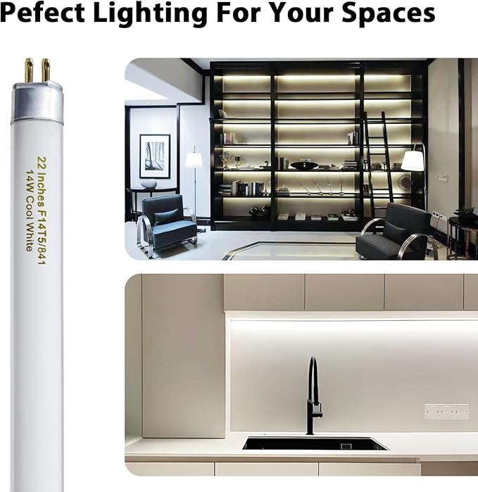 amgolibi T5 14W 4100K Fluorescent Tube, 22 Inches F14T5/841 Straight Fluorescent Bulb, F14T5/CW Fluorescent Lamp for Counter and Cabinet Fixture, Cool White 1250 Lumen G5 Base