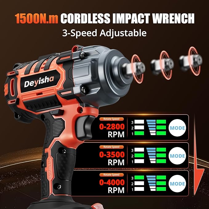 1500N.m (1100Ft-lbs) Cordless Impact Wrench 1/2" Brushless High Torque Impact Wrench with 2x 4.0Ah Batteries, 6 Sockets for Car, RV, Truck Wheel Lug Nuts