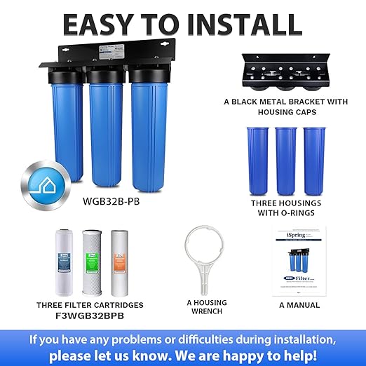 iSpring Lead-Reducing Whole House Water Filter System, Also Reduces Chlorine, Taste, Odor, 3-Stage Whole House Water Filtration System, Model: WGB32B-PB, 1" NPT Inlet/Outlet
