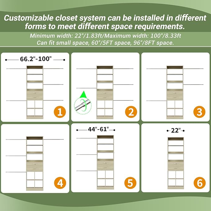 Closet System, 4-8 FT Closet Organizer Tower with 2 Wooden Drawers and Shelves, Can Fit 60 to 96 inch Walk-in Closet System with 5 Hang Rods, Built-in, Greige Oak