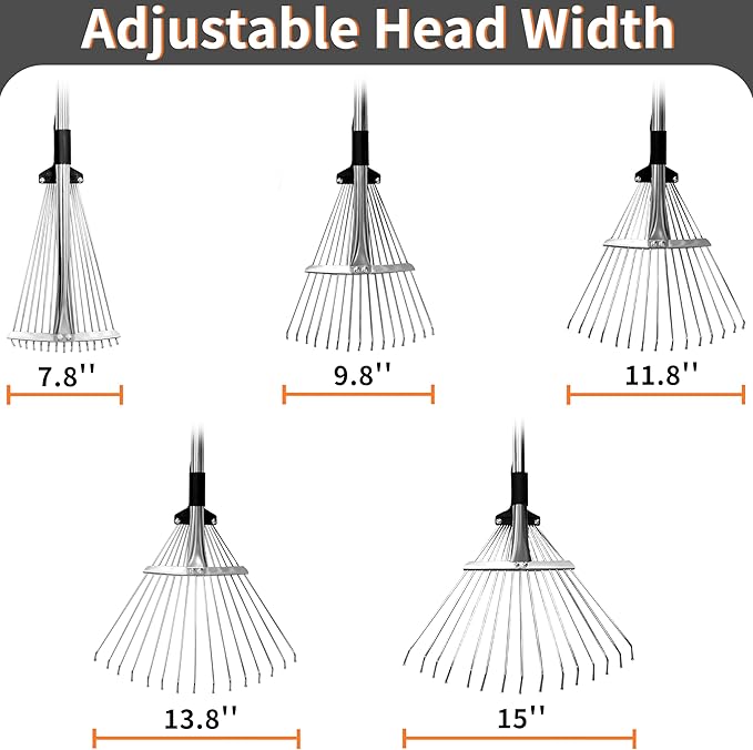 Garden Rake for Leaves – Heavy Duty Metal Leaf Rake for Lawns with Adjustable Handle (33"-69") & Expandable Head (8"-15") – Durable for Lawn, Shrub, Garden Beds – Essential Gardening Tools