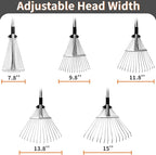 2 Packs Garden Rake for Leaves – Heavy Duty Metal Leaf Rake for Lawns with Adjustable Handle (33"-69") & Expandable Head (8"-15") – Durable for Lawn, Shrub, Garden Beds – Essential Gardening Tools