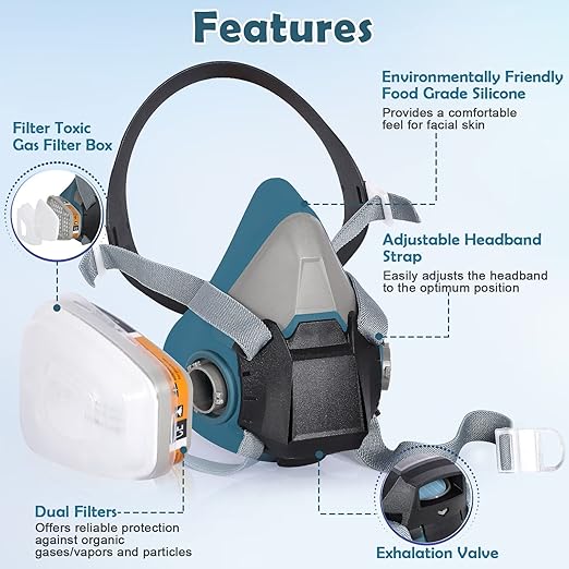 Reusable Half Facepiece Dustproof Respirator - Organic Gas Dust Chemical Respirator with Extra Filters for Painting, Machine Polishing, Welding,Spraying and Other Work Protection