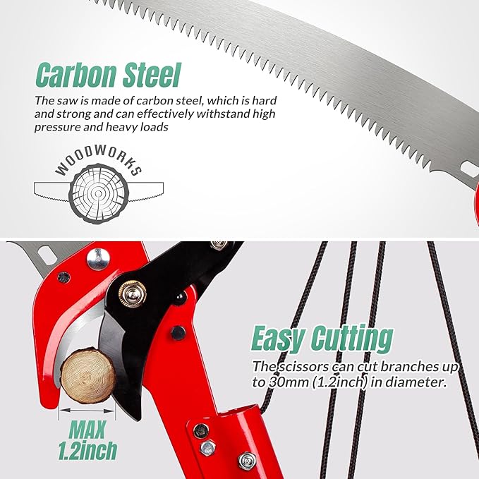 Suchtale 10ft Pole Saw, Manual Tree Pruner with Sharp Steel Blade, Trimmer with Scissors and High Strength Lightweight Handles for Pruning High Branches, Shrubs and Twigs at Forest Yard Garden Patios