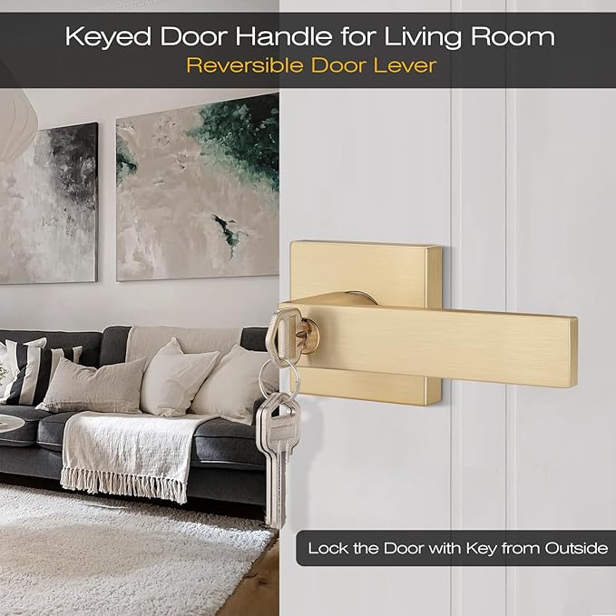 EHOMEWARE 4 Pack Gold Door Handles, Entry Door Levers with Keys, Not Keyed Alike - Interior Door Lever Door Handle with Modern Contemporary Design for Home Bedroom or Living Room