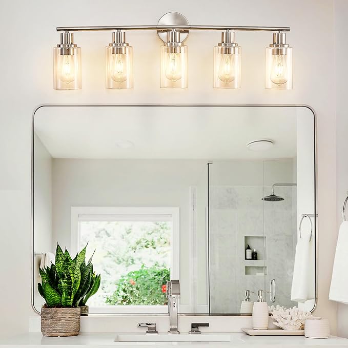 DLLT 5-Light Bathroom Light Fixtures: Nickel Modern Vanity Lights with E26 Bulbs - Clear Glass Shade Bathroom Wall Lamp for Mirror Kitchen Living Room Hallway Cabinet Porch