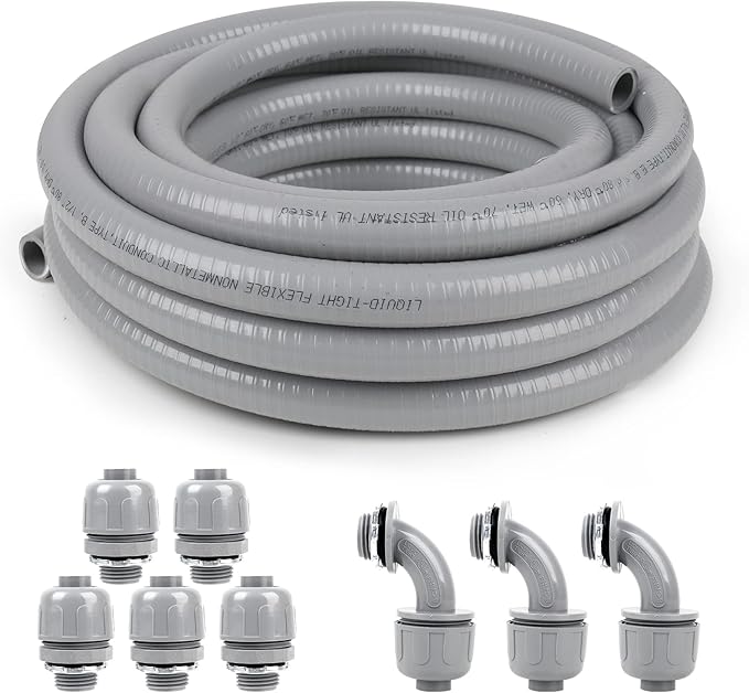 1 inch 50ft Liquid-Tight Conduit and Connector Kit,Flexible Non Metallic Liquid Tight Electrical Conduit Kit with 5 Straight and 3 90-Degree Connector Fittings,1in. Dia