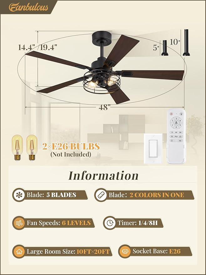 1 Pack Farmhouse 48 Inch Ceiling Fans with Lights, Black Industrial Caged Ceiling Fans for Bedroom Living Room, Double-Sided 5 Blades Rustic Ceiling Fan-Black