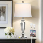 27" Silver Table Lamps for Living Room Single, 3 Way Touch Control Bedside Lamps with USB A+C Ports, Modern Brushed Nickel Bedroom Lamp, Metal Tall Lamp for Nightstand Desk Side Table Office