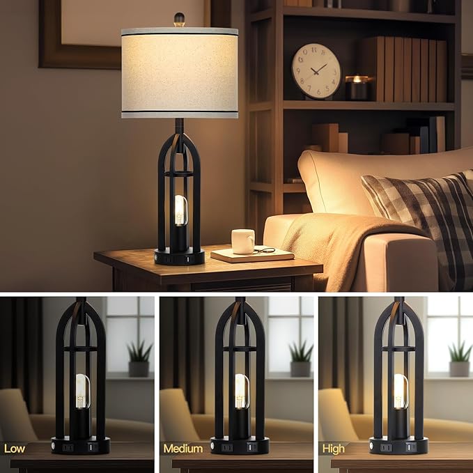 27" Farmhouse Table Lamps Set of 2 with USB A+C Charging Ports,3-Way Dimmable Touch Control Bedside Lamps with Nightlight,Vintage Modern Lamp for Living Room Bedroom with 2 Light Sources