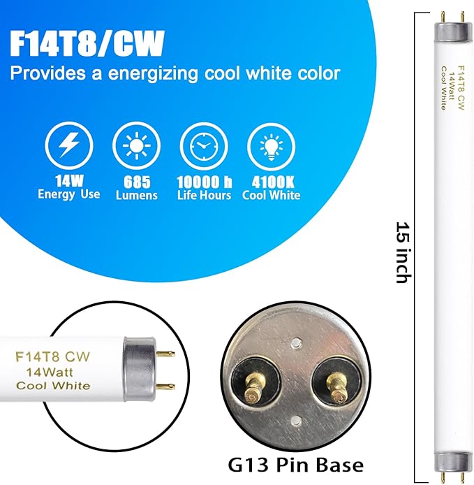 amgolibi F14T8/CW 14W Fluorescent Tube, T8 Fluorescent Light Bulb 4100K 14 Watt, 15 Inches, G13 Medium Base, 650 Lumen, 6 Pack