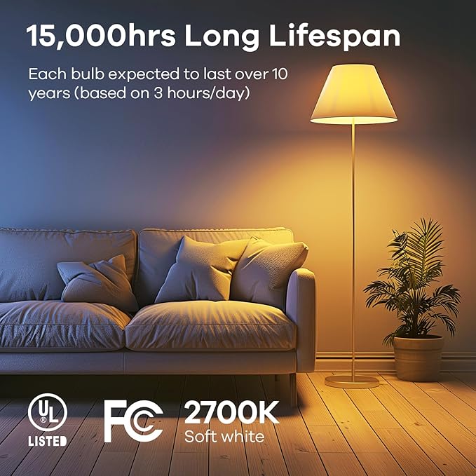 Linkind A19 LED Light Bulbs Dimmable, 100W Equivalent, 2700K Soft White, 15.5W 1600 Lumens 120V Bulbs, E26 Standard Base, UL Listed, Lighting for Bedroom Living Room Home Office,6 Packs